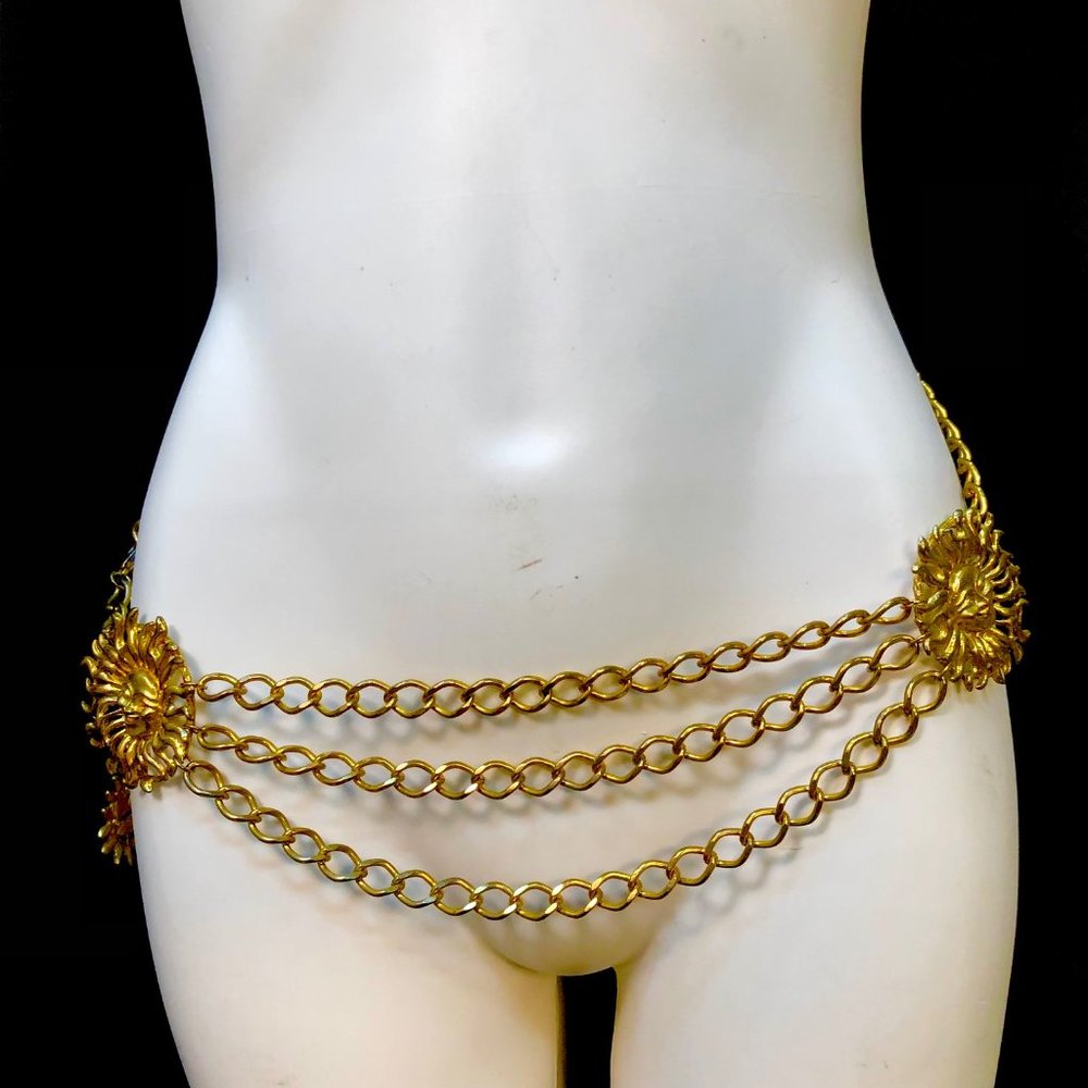 Vtg Gold Tone Festooned Chain Sun Belt